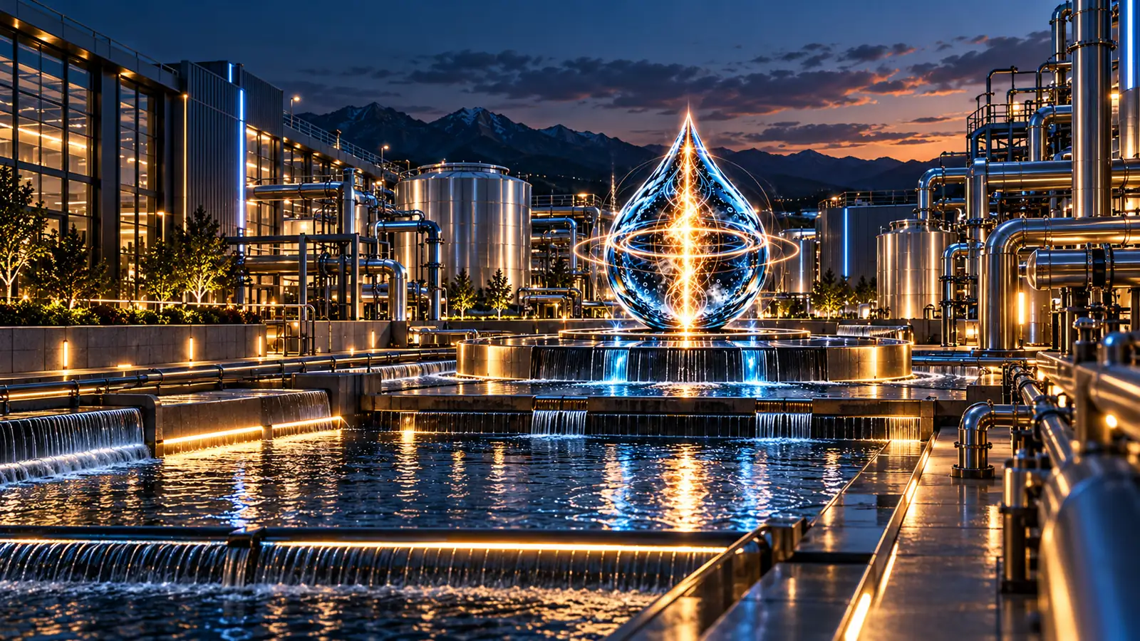 Conceptual rendering of a glowing water-drop sculpture above a cascading water feature, surrounded by utility pipework at night