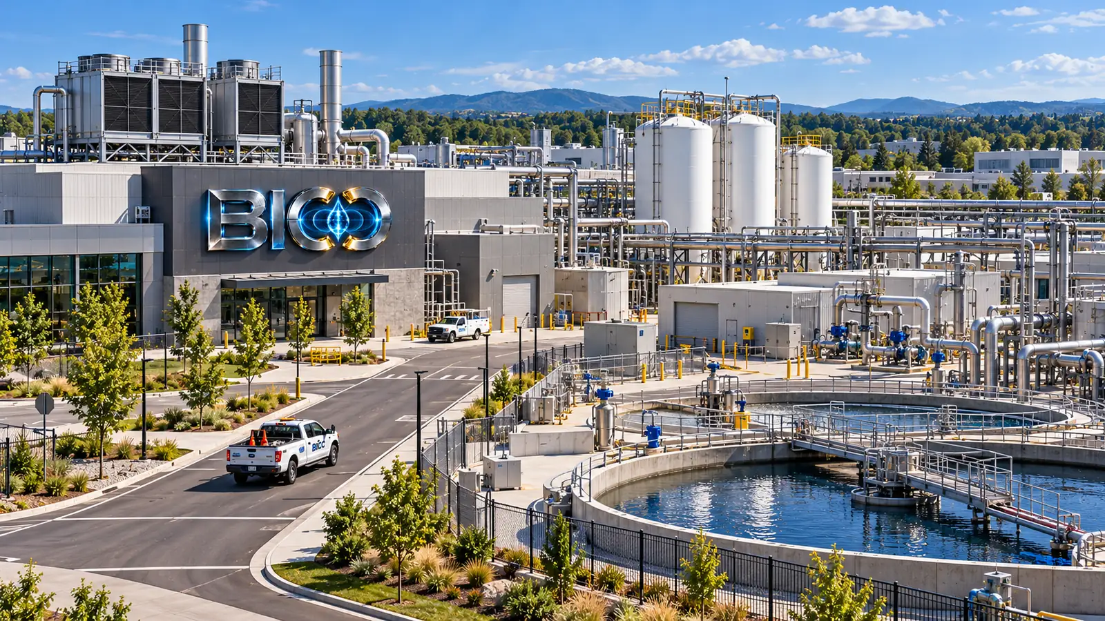 Conceptual rendering of an industrial facility with water treatment basins, tanks and pipework in daylight