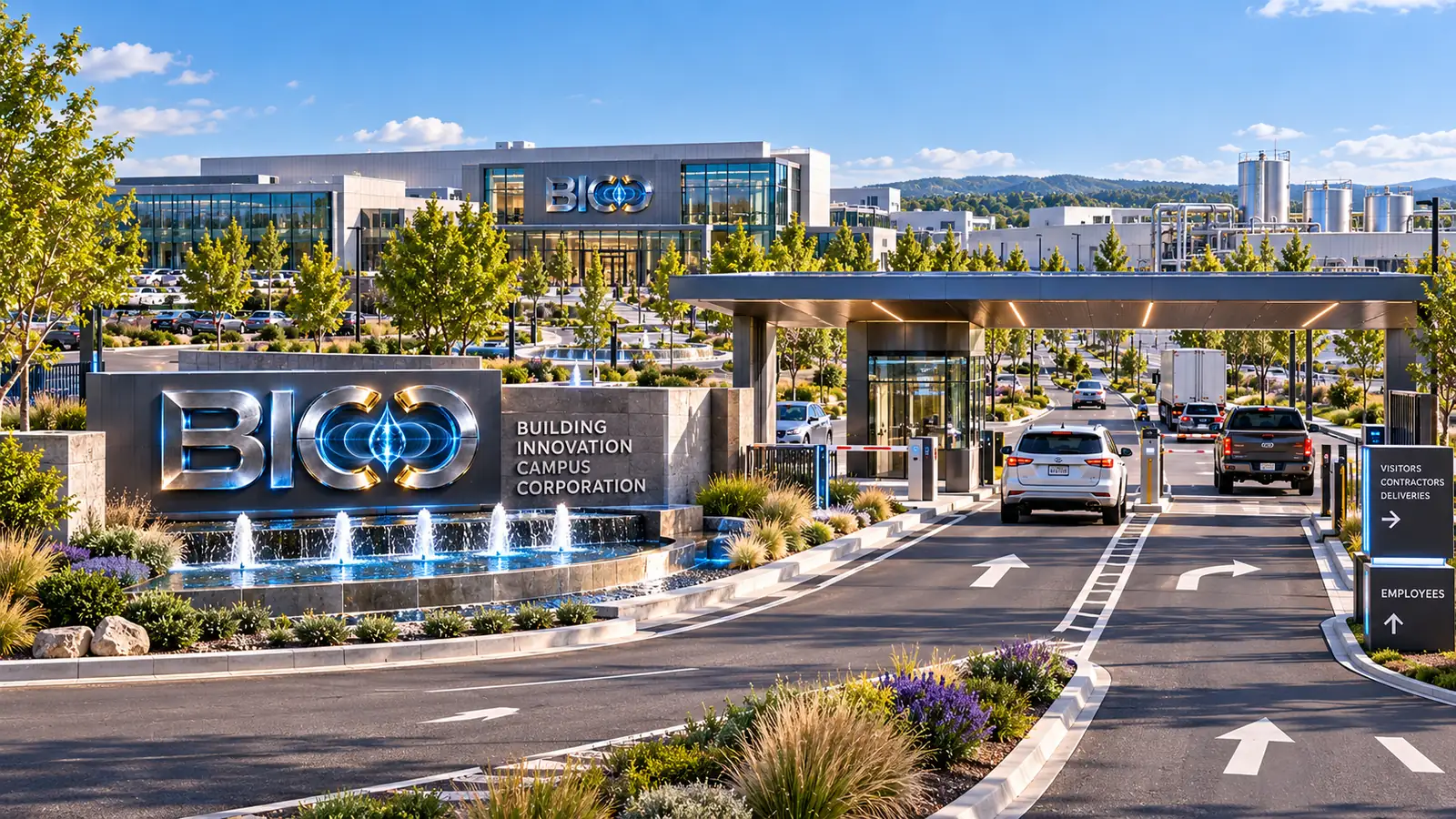 Conceptual rendering of a BICC campus entrance with a stone monument sign, fountains and a gated vehicle entry